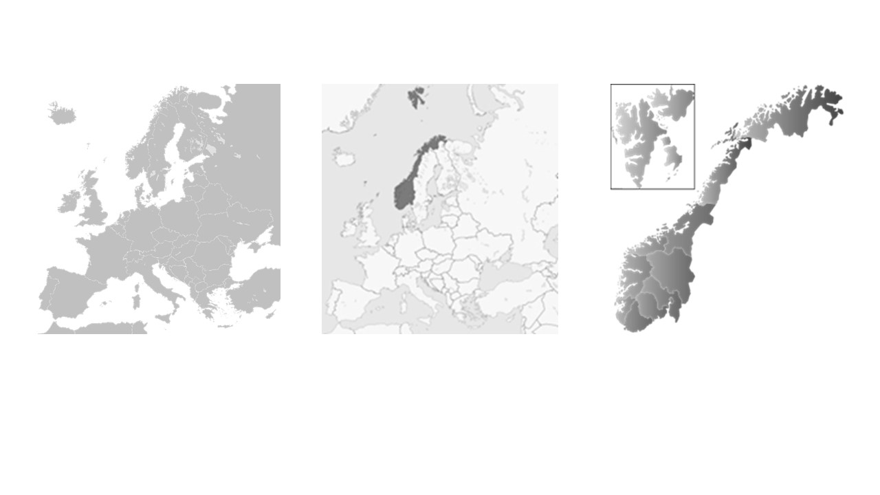 Bilde av Norge på tre nivåer: som en del av Europa, som land og som fylker