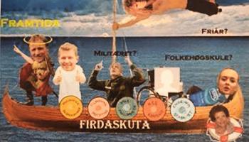 Plakat fra russerevyen på Firda vgs, bilde av en skute med karriereknappene og ulike fremtidsvalg