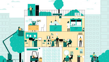 Vektorbilde av mennesker i et tre-etasjes hus som utfører ulike former for arbeid.