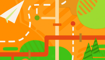 Forsidebildet til veilederen. Kart i grønt og oransje.