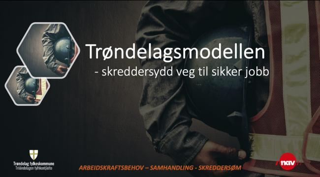 Illustrasjonsbilde med tekst "Trøndelagsmodellen - skreddersydd veg til sikker jobb" og logo Trøndelag fylkeskommune og Nav
