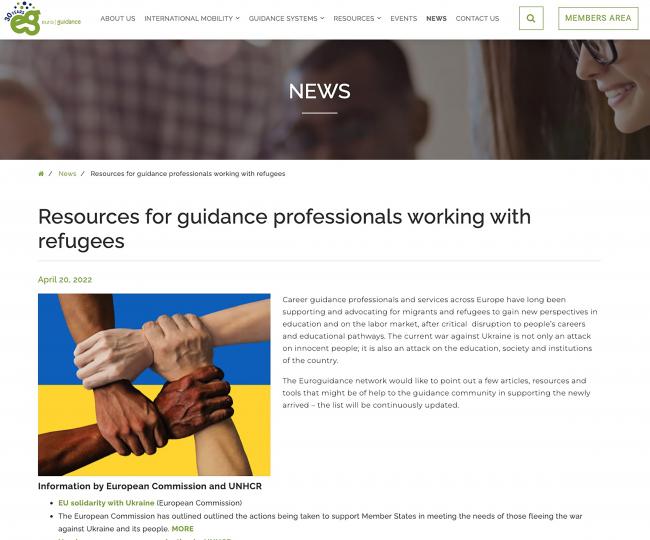Skjermdump av Euroguidance sin ressurs for deg som jobber med flyktninger